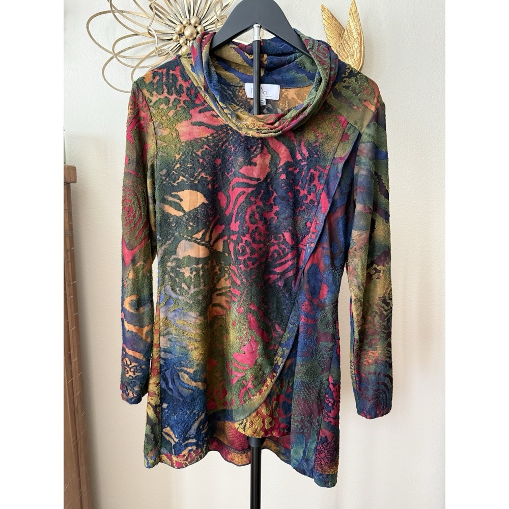 Palila Knit Tunic Blouse Women's M Multicolor Abstract Cowl Neck Long Sleeve